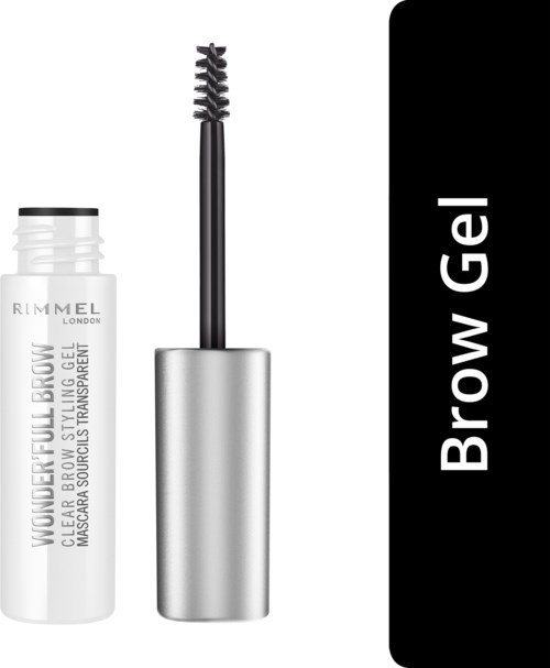 A clear gel container with a brush applicator for eyebrows, labeled "Brow Gel". The open brush is visible.