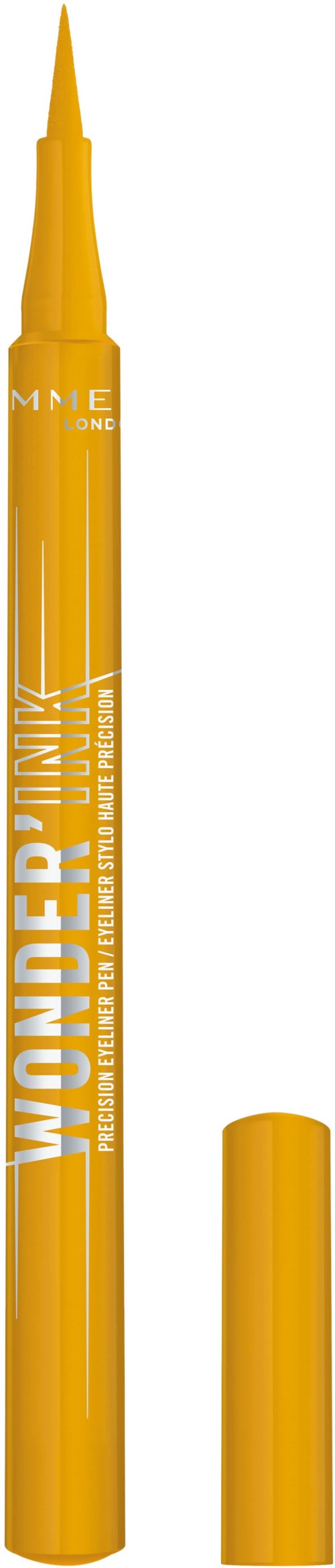 A yellow highlighter pen with its cap removed, revealing the tip, and the cap is placed beside it.