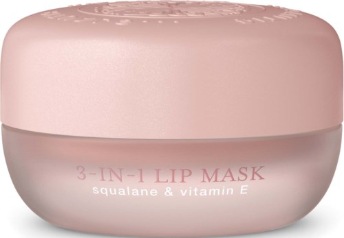 En rund ljusrosa burk med lip mask med matchande lock, märkt 3-i-1 lip mask med squalane och vitamin E.