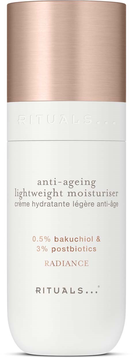 En hvit flaske med rosa skjerm, merket som anti-aldring lettvekts fuktighetskrem med bakuchiol og postbiotics.