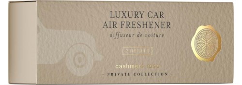 Emballasje for en luksuriøs bil-luftfrisker med duft av rose og en gullmerke, merket Cashmere Rose, fra Private Collection.