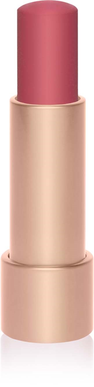 A pink lipstick in a gold case stands upright against a black background.