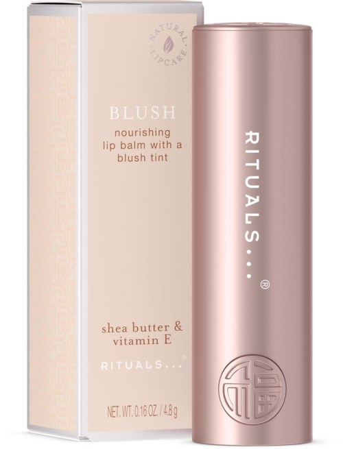 A lipstick tube next to a beige box with product details, in soft pink and beige colors.