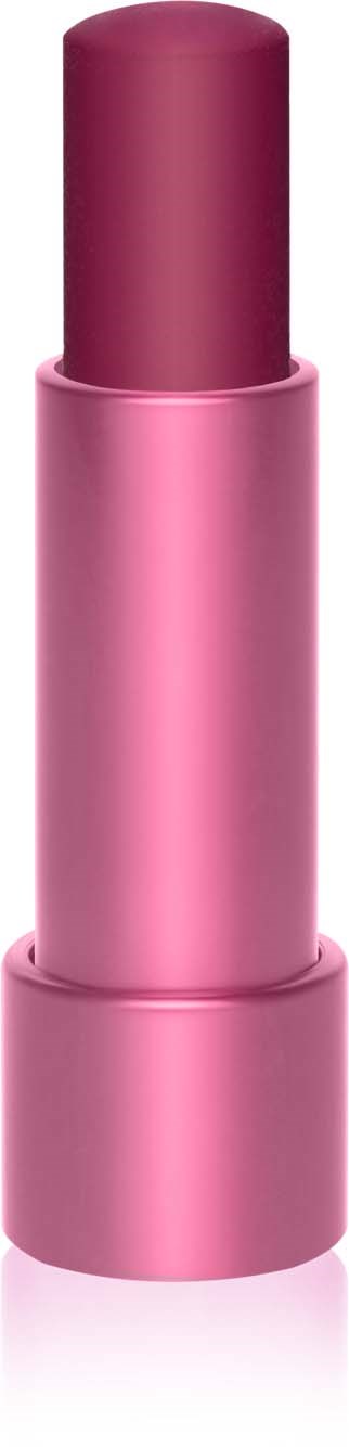 Et rosa leppestift i metallhylse med avrundet topp. Den står oppreist på en svart bakgrunn.