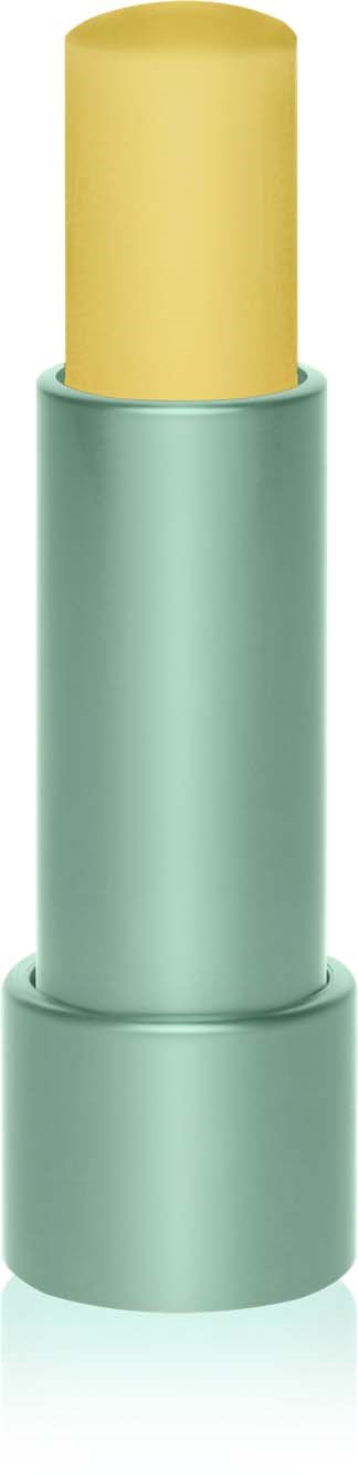 A pastel yellow stick in a light blue cylindrical container, standing vertically.