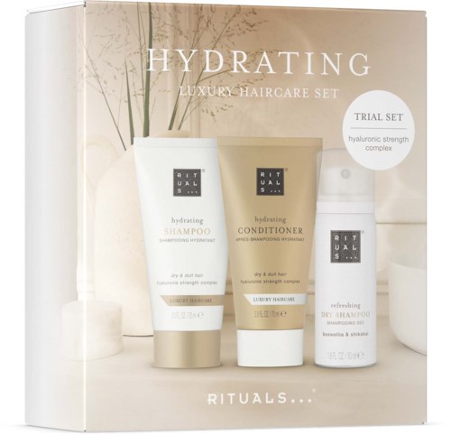 Set aus drei Haarpflegeprodukten, einschließlich Shampoo, Conditioner und Trockenshampoo mit hydrierendem Thema.