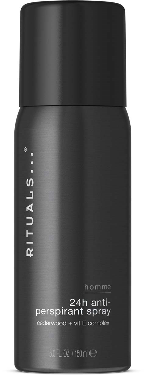 En svart sprayflaske med hvit tekst, merket Rituals deodorantspray for menn, 24-timers antiperspirant, duft av sedertre.