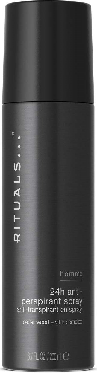 Eine schwarze, zylindrische Sprühflasche mit Rituals Homme 24h Antitranspirant-Spray und natürlichen Inhaltsstoffen.