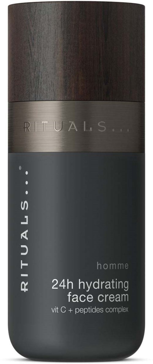 Dunkelgraue Flasche mit Holzdeckel, bezeichnet Rituals 24h hydratisierende Gesichtscreme für Männer.