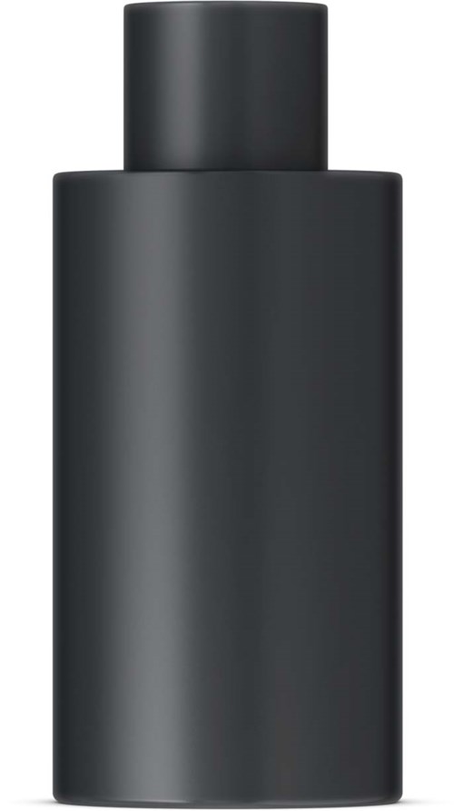 Eine schlanke, schwarze Flasche mit einfachem, minimalistischen Design und keinen sichtbaren Etiketten oder Dekorationen.