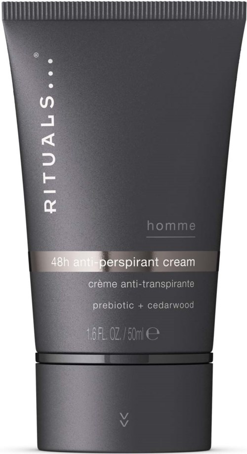 En mørk grå tube med Rituals Homme anti-perspirantkrem med sedertre, 50 ml størrelse, og 48-timers beskyttelse.