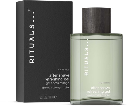 A black box and a transparent bottle with light green gel inside, labeled 'RITUALS... homme after shave refreshing gel' with a dark cap.