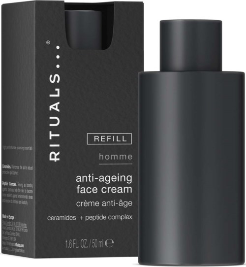 En svart flaska och förpackning av anti-åldrande ansiktskräm märkt Rituals Refill för män, med ceramider och peptidkomplex.
