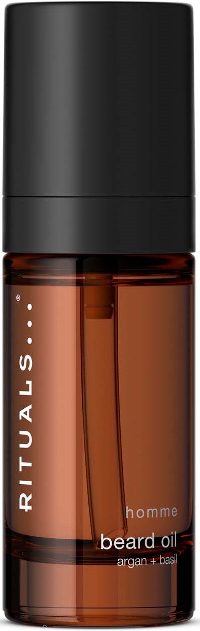 Eine kleine braune Flasche Bartöl mit schwarzem Verschluss, beschriftet 'RITUALS homme'.