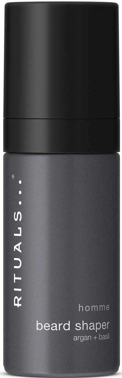 Grey bottle with a black top, labeled 'RITUALS homme beard shaper, argan + basil.'
