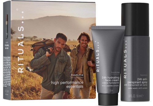 Rituals man hudvårdsset med ansiktskräm och anti- perspirationsspray på svart bakgrund.