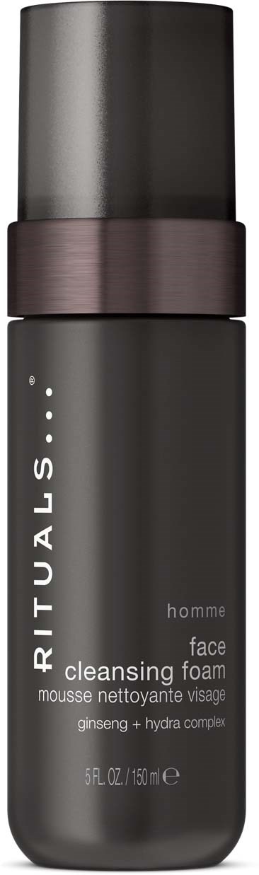 Eine schwarze zylindrische Flasche mit Deckel, beschriftet mit 'RITUALS homem face cleansing foam' mit Ginseng und Hyaluronsäure.