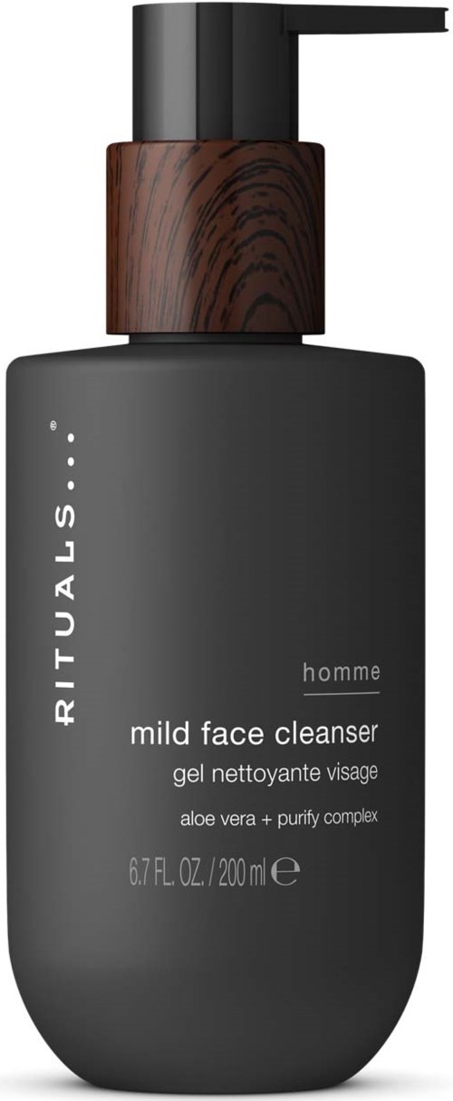 En svart og brun flaske med pumpe, merket Rituales homme mild ansiktsrens, aloe vera og renset kompleks.