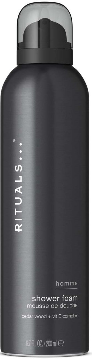 Schwarze zylindrische Flasche mit transparentem Deckel, gekennzeichnet mit 'RITUALS' und 'shower foam,' für Männer, 200 ml.