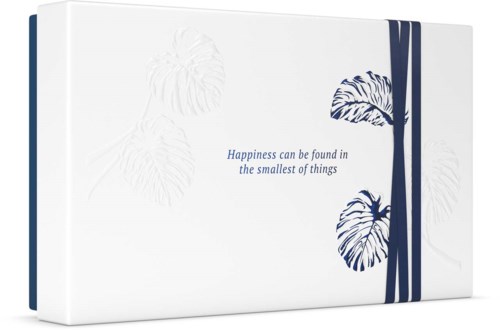 A white box with blue leaves, a quote about happiness, and an elastic band on the right side.