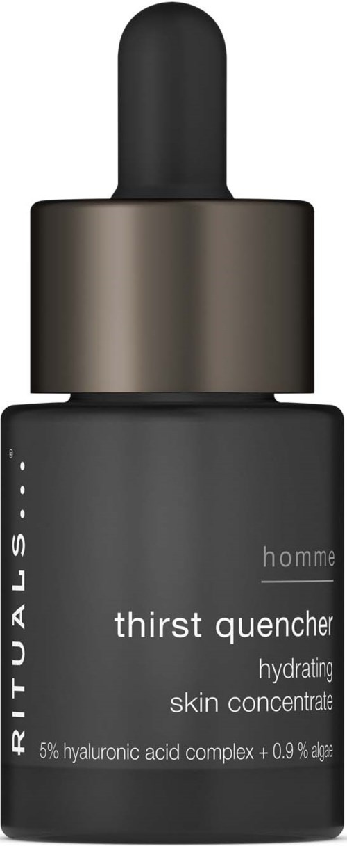 En liten mørk flaske med pipette, merket 'pituals homme thirst quencher', for å hydrere huden med hyaluronsyre.