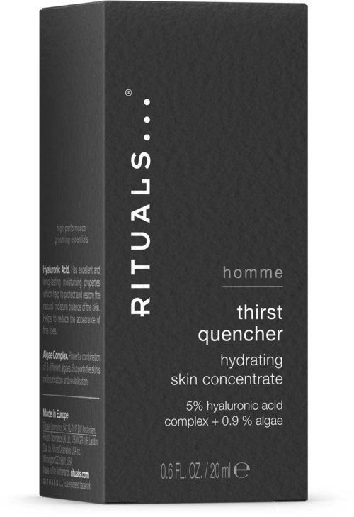 En svart eske for RITUALS HOMME hydratiserende hudkonsentrat med hyaluronsyre og alger.