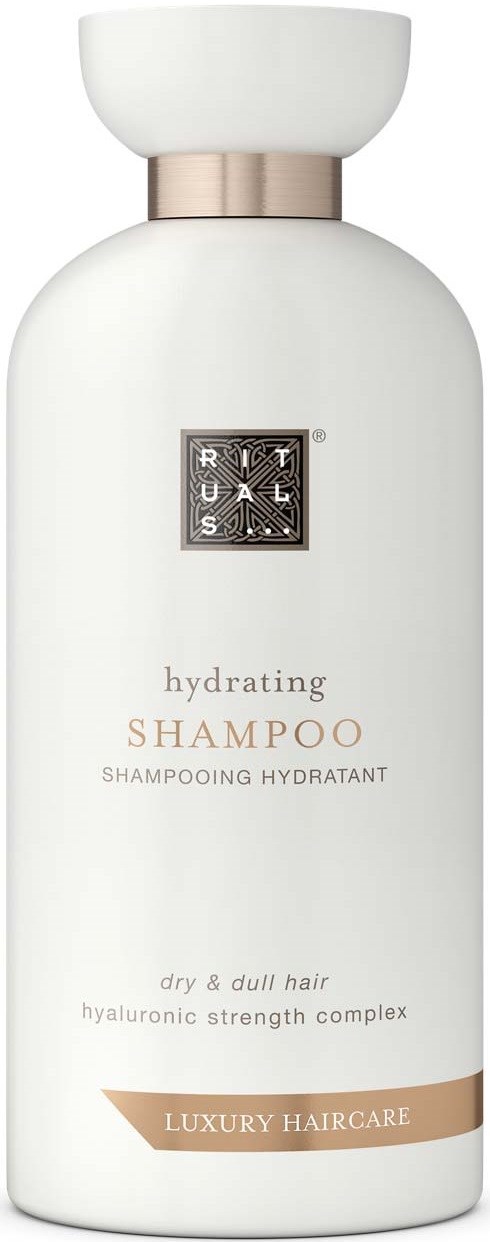 White shampoo bottle with silver band, words like 'hydrating' and 'luxury haircare', designed for dry, dull hair.