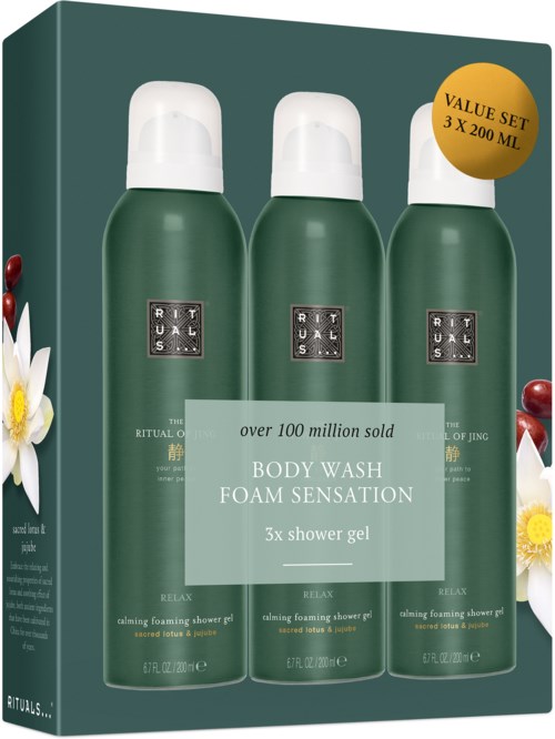 Tre gröna flaskor med body wash och vita lock i en box, märkt som foam shower gel, avkopplande användning.