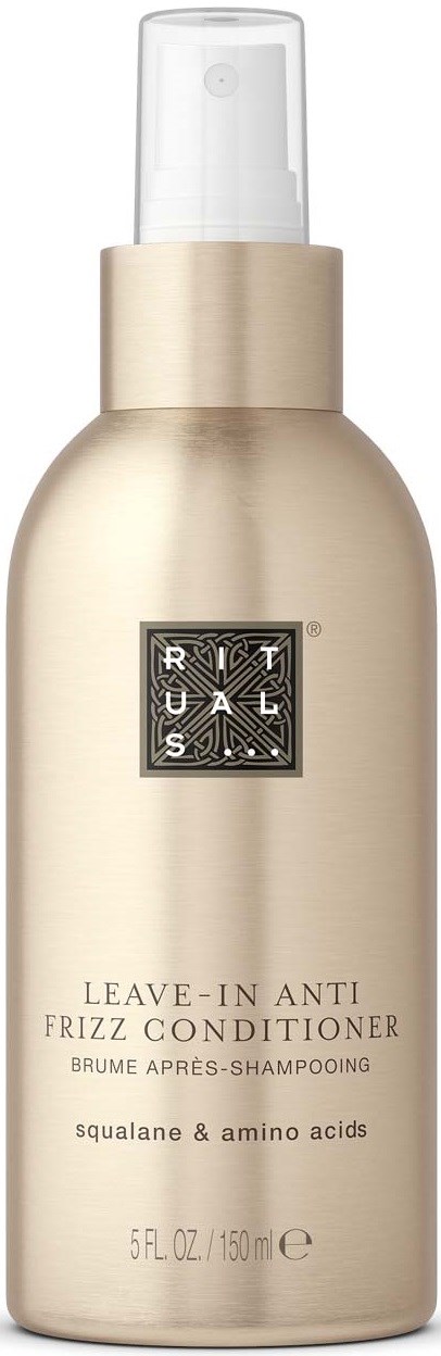 A beige spray bottle labeled 'Leave-In Anti Frizz Conditioner' with a transparent cap.