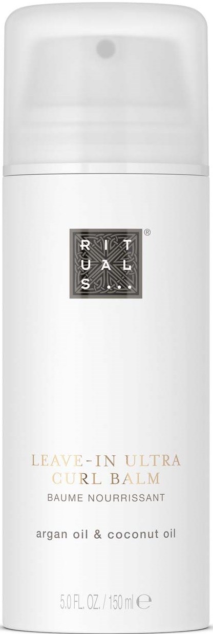 A white bottle of leave-in curl balm with black and gold label, containing argan and coconut oils.