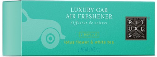 Eine türkisfarbene Box mit 'Luxury Car Air Freshener' und Lotusblume und weißem Tee Duft, mit schwarzem Logo.