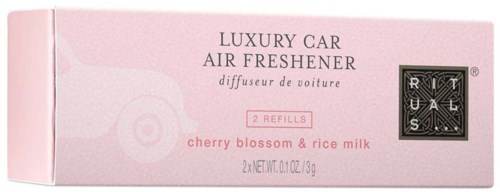 Rosa Verpackung mit Text für Autoduftspender, Kirschblüte und Reismilch Duft, 2 Nachfüllungen enthalten.
