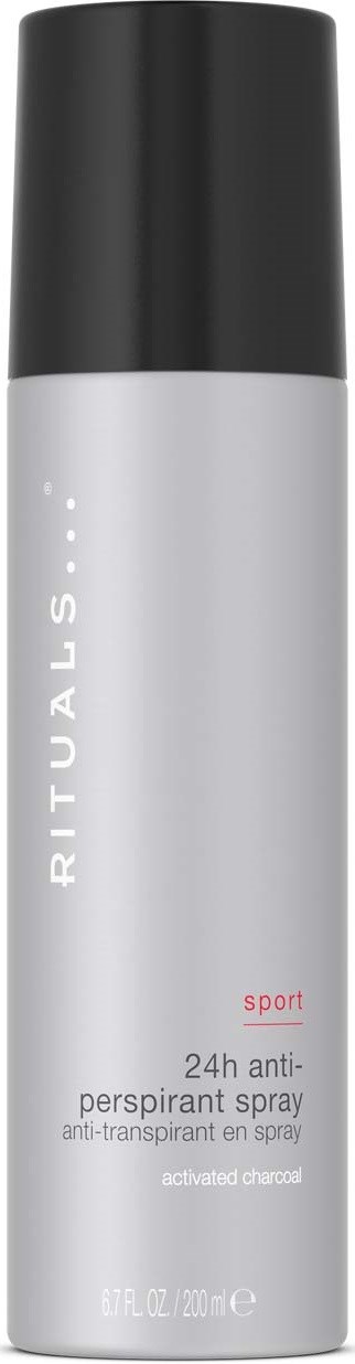 Eine lange, graue zylindrische Flasche mit schwarzem Deckel, beschriftet mit 'RITUALS sport 24h anti-perspirant spray', zeigt Produktdetails.