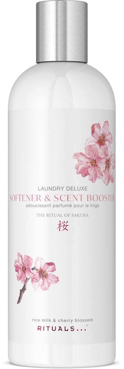 Weiße Flasche mit rosa Blumen, silberner Verschluss, gekennzeichnet als Wäscheduftverstärker mit Kirschblütenduft.