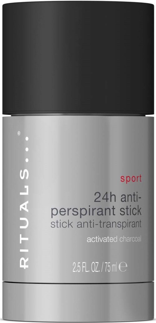 Ein grauer Deo-Stick mit schwarzem Deckel, beschriftet 'RITUALS sport 24h Anti-Transpirant Stick' mit aktiviertem Holzkohle.