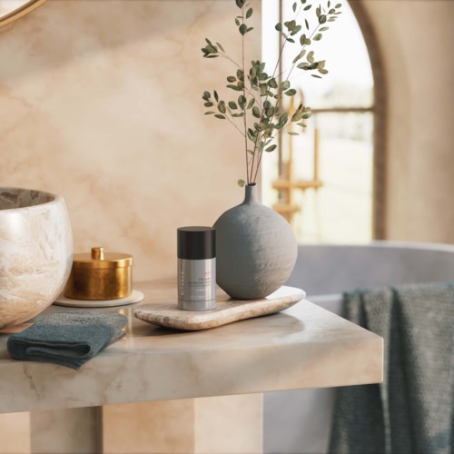 Eine einfache moderne Badezimmerablage mit einer grauen Vase, grüner Pflanze, Seife und Handtuch, helle und gemütliche Atmosphäre.