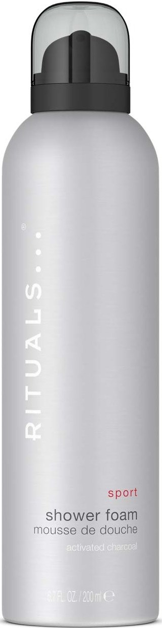 A white bottle with a black cap, labeled Rituals sport shower foam.