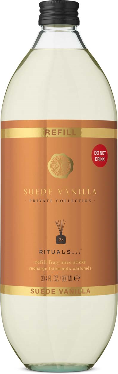 Påfyllingsflaske med duften Suede Vanilla fra Rituals, med beige etikett og svart lokk.