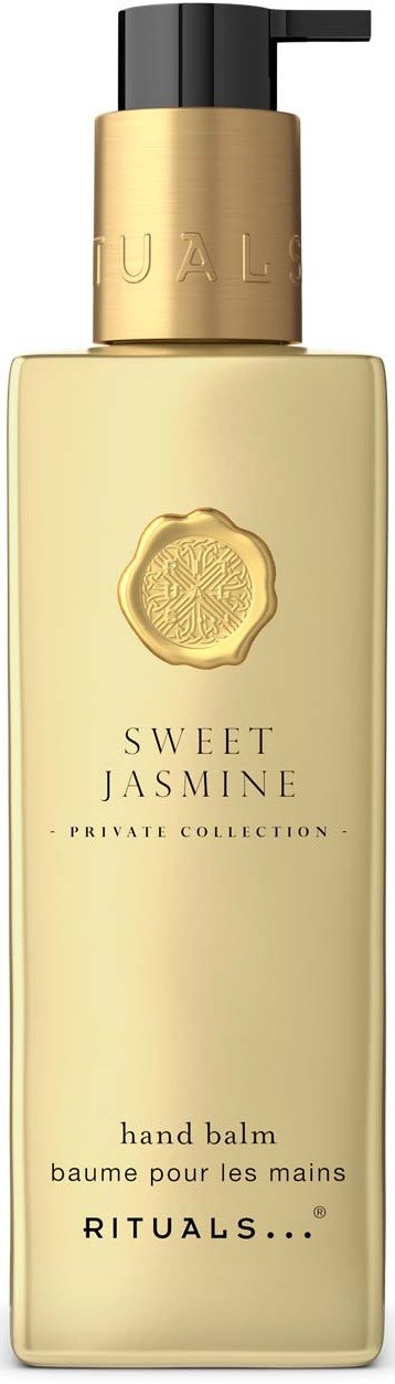 En gullfarget og svart flaske med Rituals Sweet Jasmine håndbalm med pumpe og etikett som viser produktdetaljer.