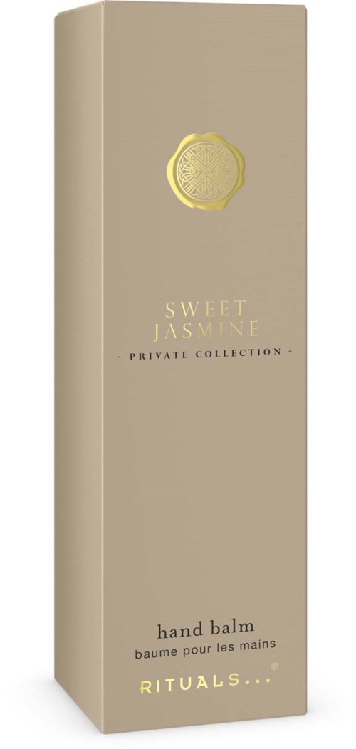 Beige rektangulær boks med gullstempel og tekst for Sweet Jasmine håndkrem fra Rituals.