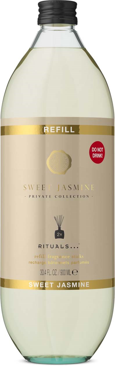 En refillbar plastflaske med duft av søt jasmin og Rituals-merket kroppsvask med skrukork av aluminium.
