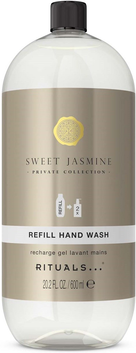 En stor klar plastflaske med svart lokk, merket Sweet Jasmine refill hand wash, med beige og hvitt design.