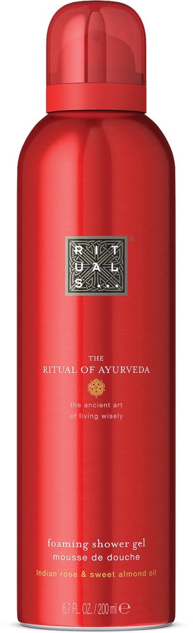 Ein langer, roter Flasche mit Rituals-Logo, enthält schäumendes Duschgel mit indischer Rose und süßem Mandelöl.