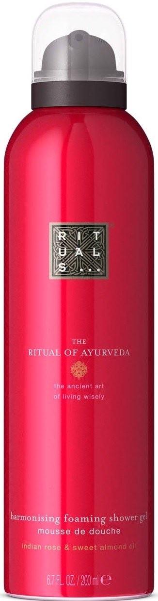 Eine rote Schaumbadflasche mit schwarzem und transparentem Deckel, labeled Rituals The Ritual of Ayurveda.