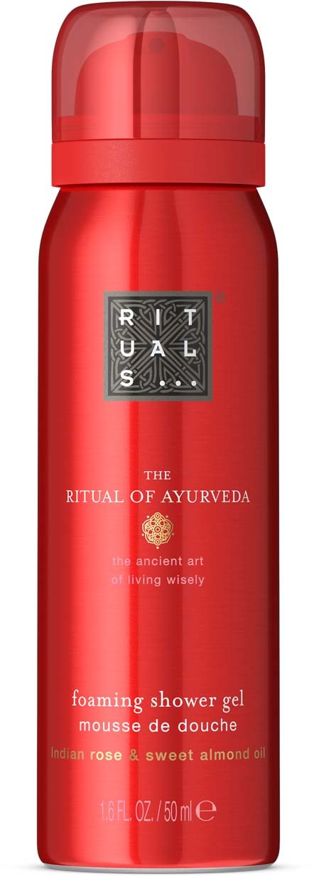 Rote Flasche Rituals Schaum-Duschgel mit indischer Rose und süßem Mandelöl.
