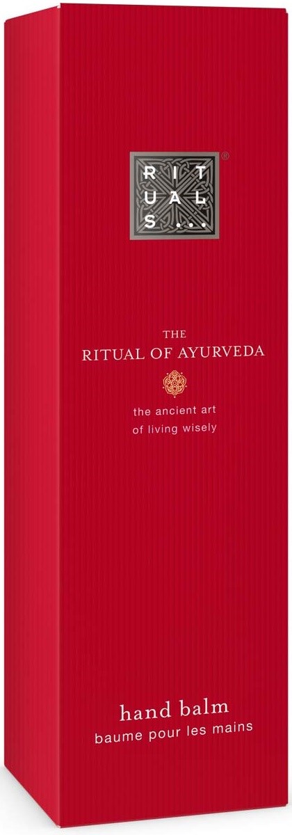 Rødt eske for håndkrem fra Rituals of Ayurveda med sølvlogo og hvit tekst.