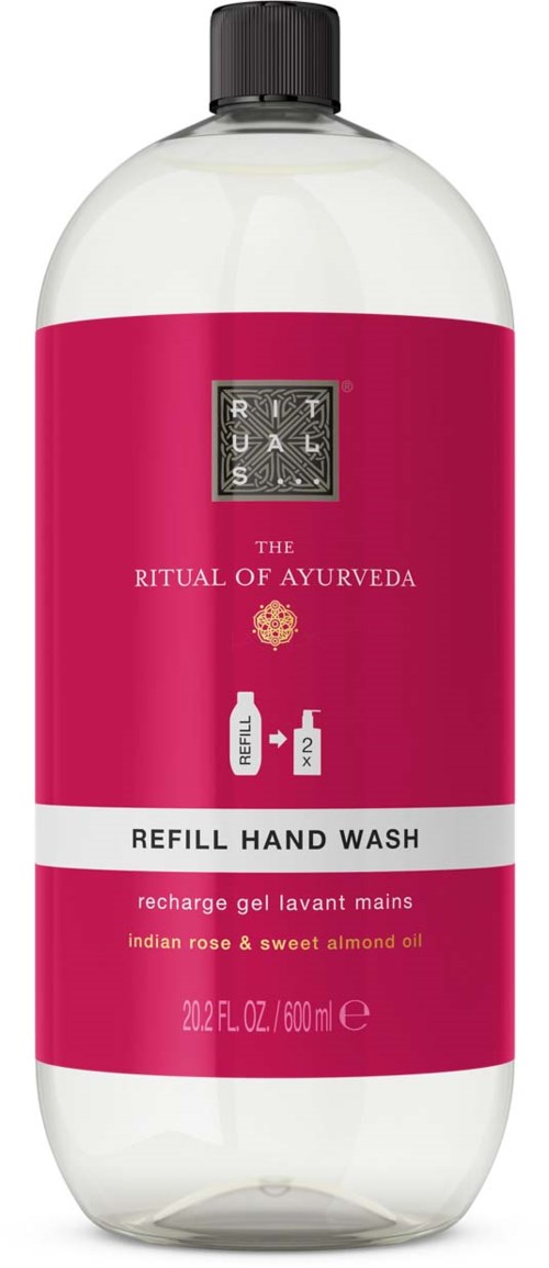 Eine Flasche Handwaschmittel mit pinkem Etikett und schwarzem Deckel, für ayurvedische Hände mit indischer Rose und Mandelöl.