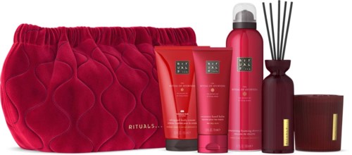 Ein Rituals Bad- und Körperpflege-Set mit einer roten gepolsterten Tasche und einem Raumdiffusor, in Rot- und Goldfarben.