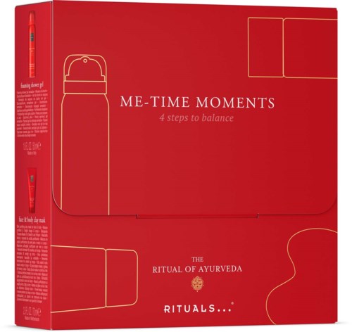 Rote Schachtel mit Wellness-Produkt, goldene Schrift und einfache Linzeichnungen von Behältern.