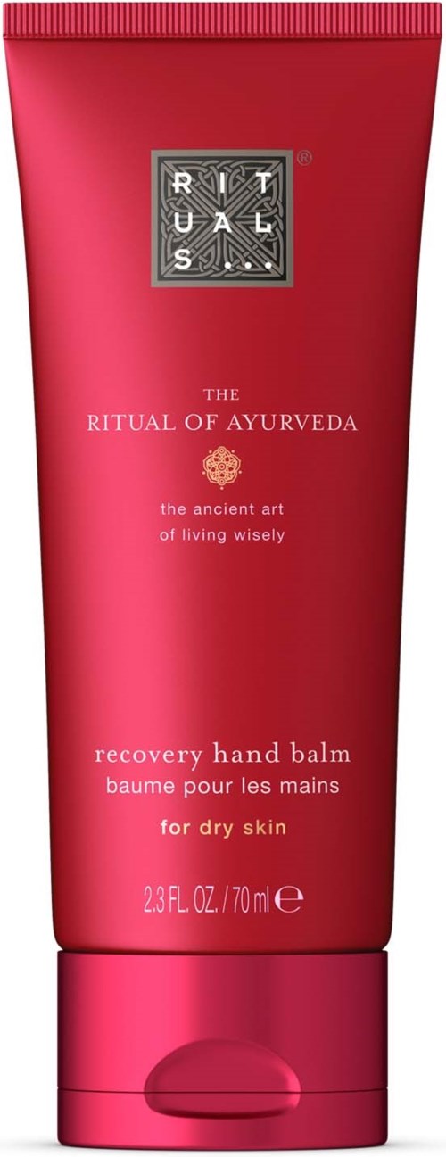 Röd tub med RITUALS-logga, innehåller handbalsam för torr hud, främjar Ayurveda-tradition, 70 ml kapacitet.